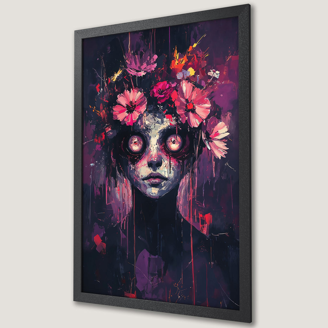 Framed Poster featuring a surreal portrait with a floral crown in a dark, expressive style with a purple and red color palette.