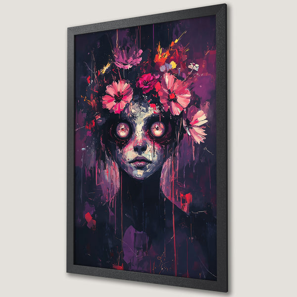 Framed Poster featuring a surreal portrait with a floral crown in a dark, expressive style with a purple and red color palette.