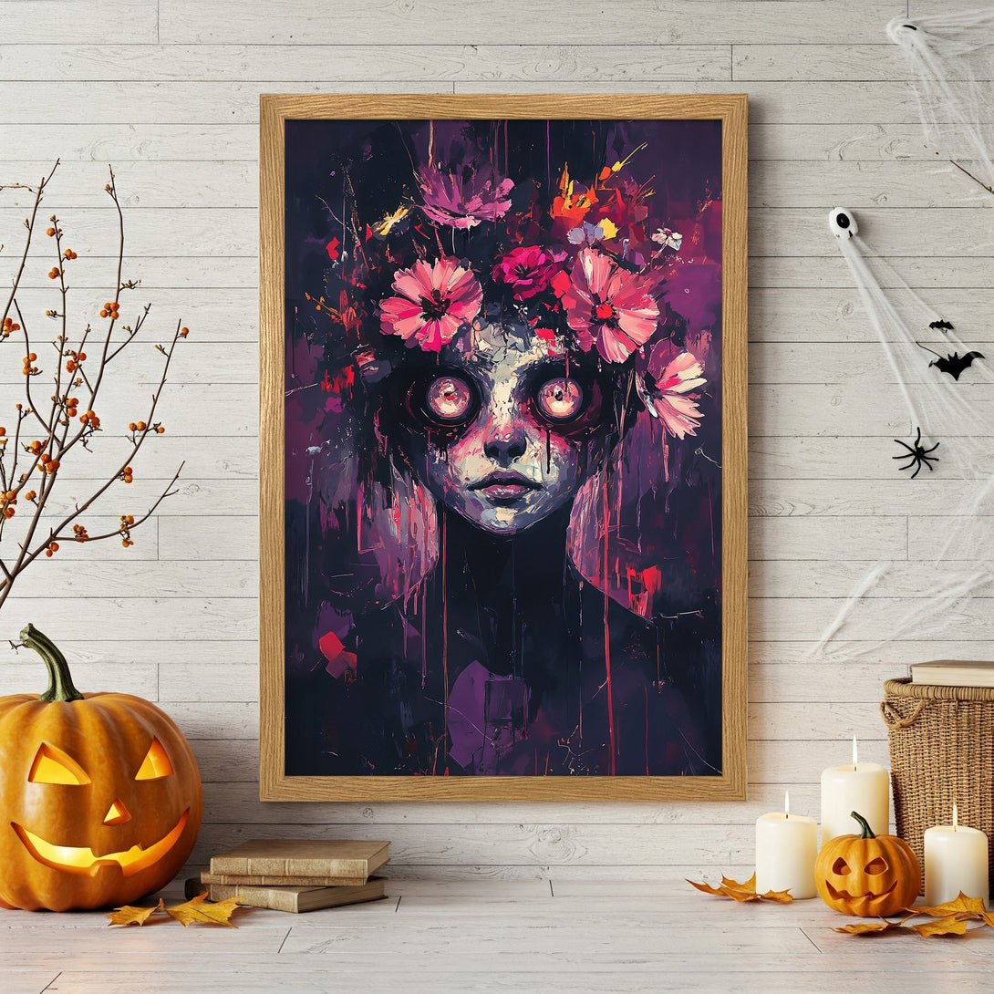Framed Poster featuring a haunting portrait with a floral headdress, in a dark, painterly style with a purple and pink color palette. Perfect Halloween decor.