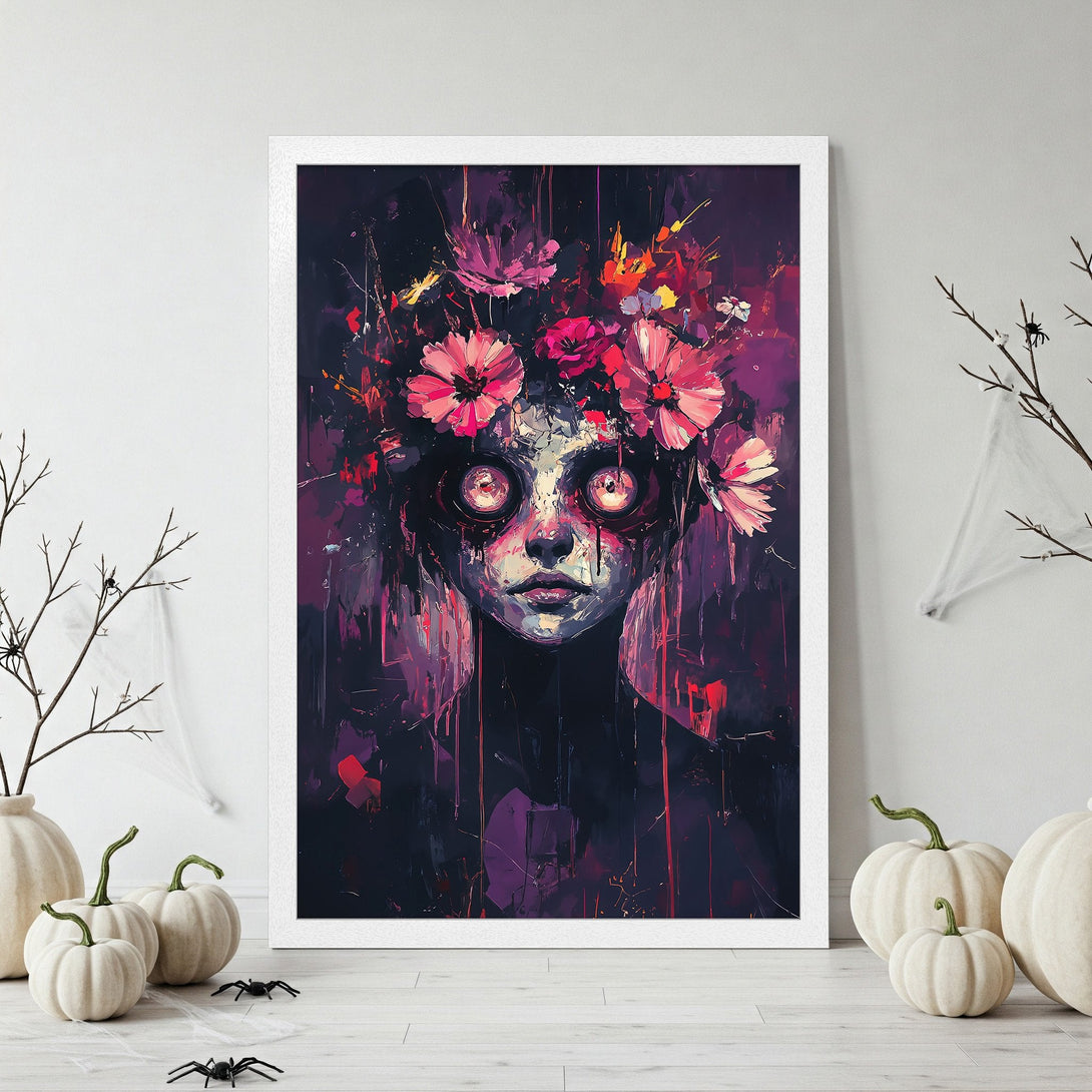 Framed Poster featuring a haunting portrait in a dark, painterly style with a vibrant pink and purple color palette. Perfect Halloween decor!
