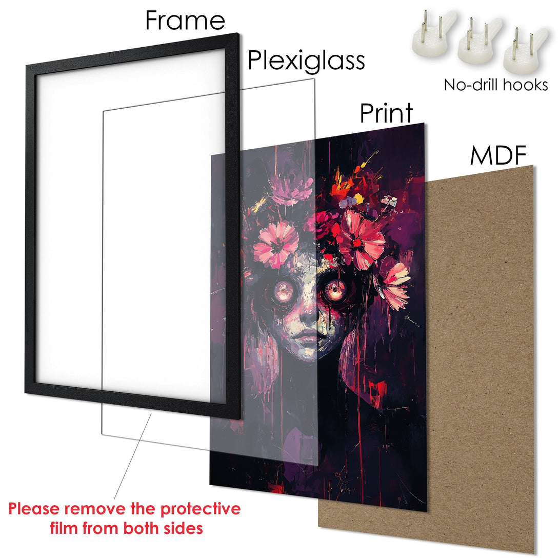 Framed Poster featuring a dark, floral portrait in a dramatic style with a deep red and purple color palette. Ready to hang!