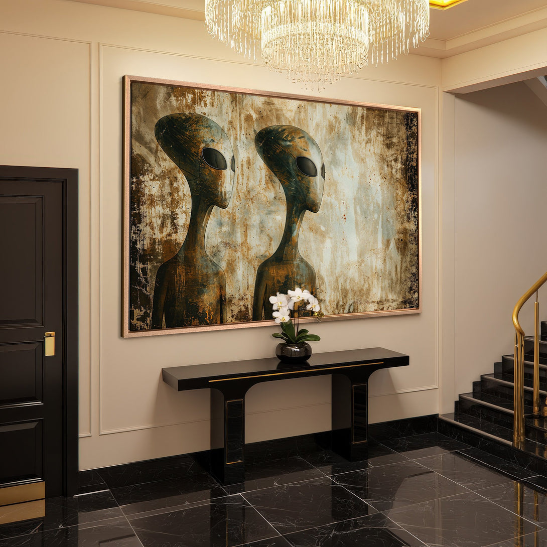 Framed Wall Art: Abstract alien portrait in earthy tones. Modern Canvas Print adds intrigue to any space. Shop unique art for your home!