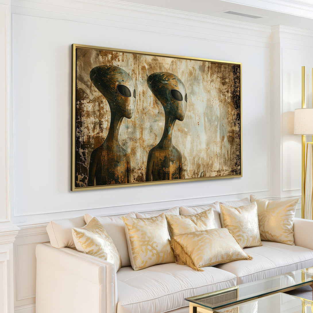 Canvas Print featuring two alien figures in a vintage, grunge style with a neutral, earthy color palette. Perfect for modern decor.
