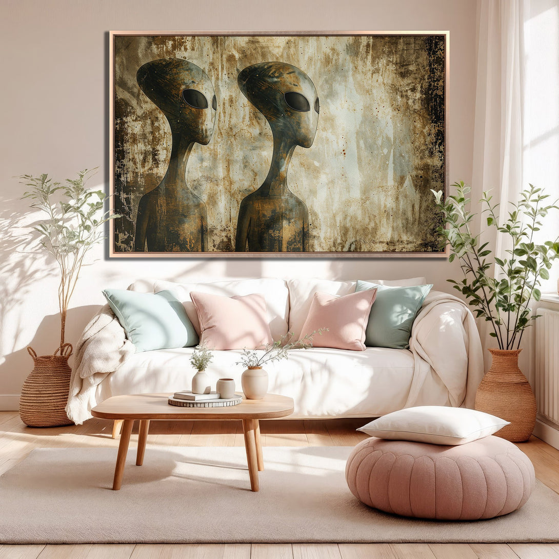 Framed Wall Art featuring alien figures in a vintage style, earthy tones. Perfect for adding a unique touch to your home decor.