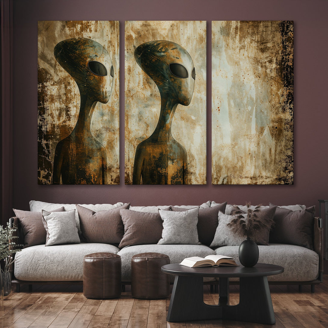 Canvas Print of abstract alien art in a rustic style with a brown and neutral color palette, perfect for modern home decor.