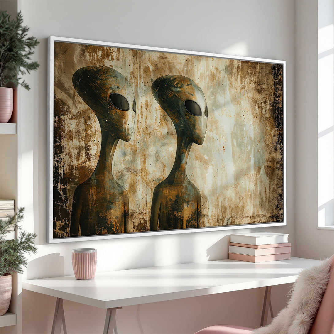 Framed Wall Art: Abstract alien art in earthy tones. Modern Canvas Print with a unique, vintage-inspired look. Add a touch of mystery to your space!