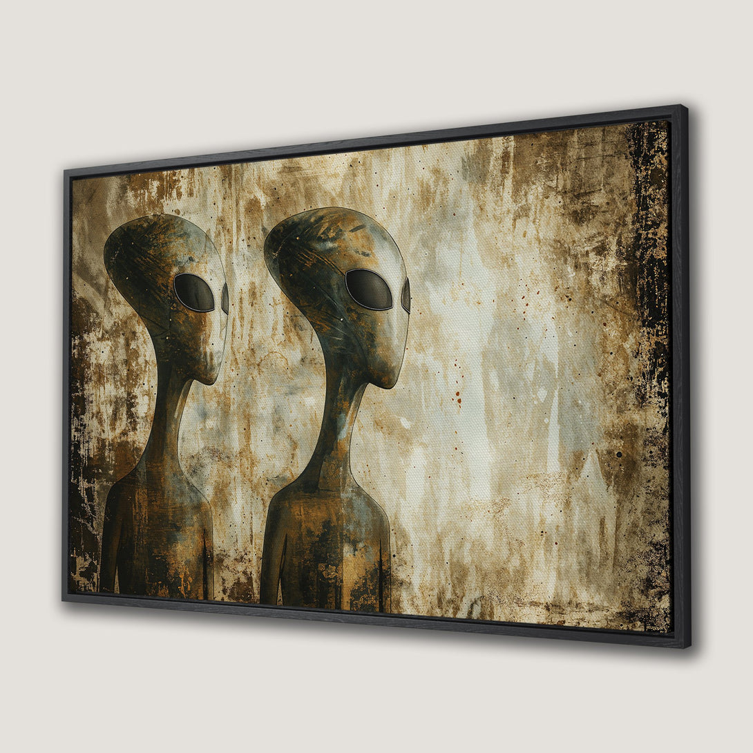 Framed Wall Art featuring two alien figures in a grunge style with a warm, earthy color palette. Perfect for adding a unique touch to your space!