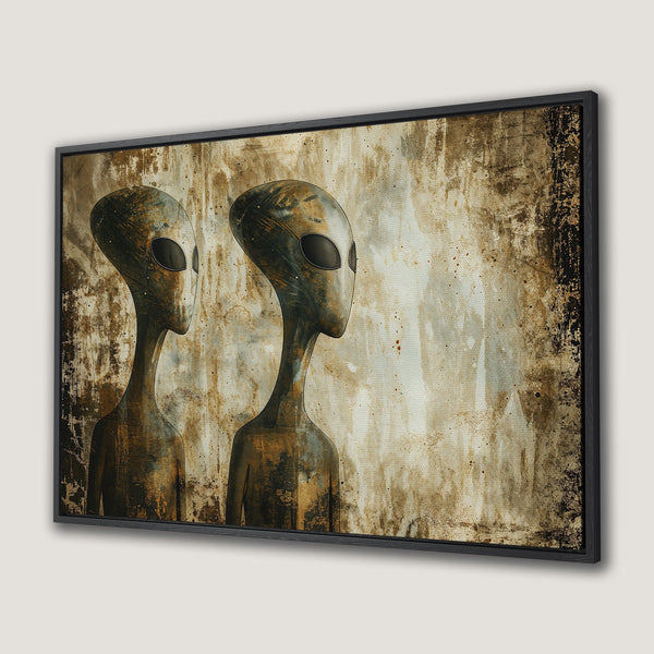Framed Wall Art featuring two alien figures in a grunge style with a warm, earthy color palette. Perfect for adding a unique touch to your space!