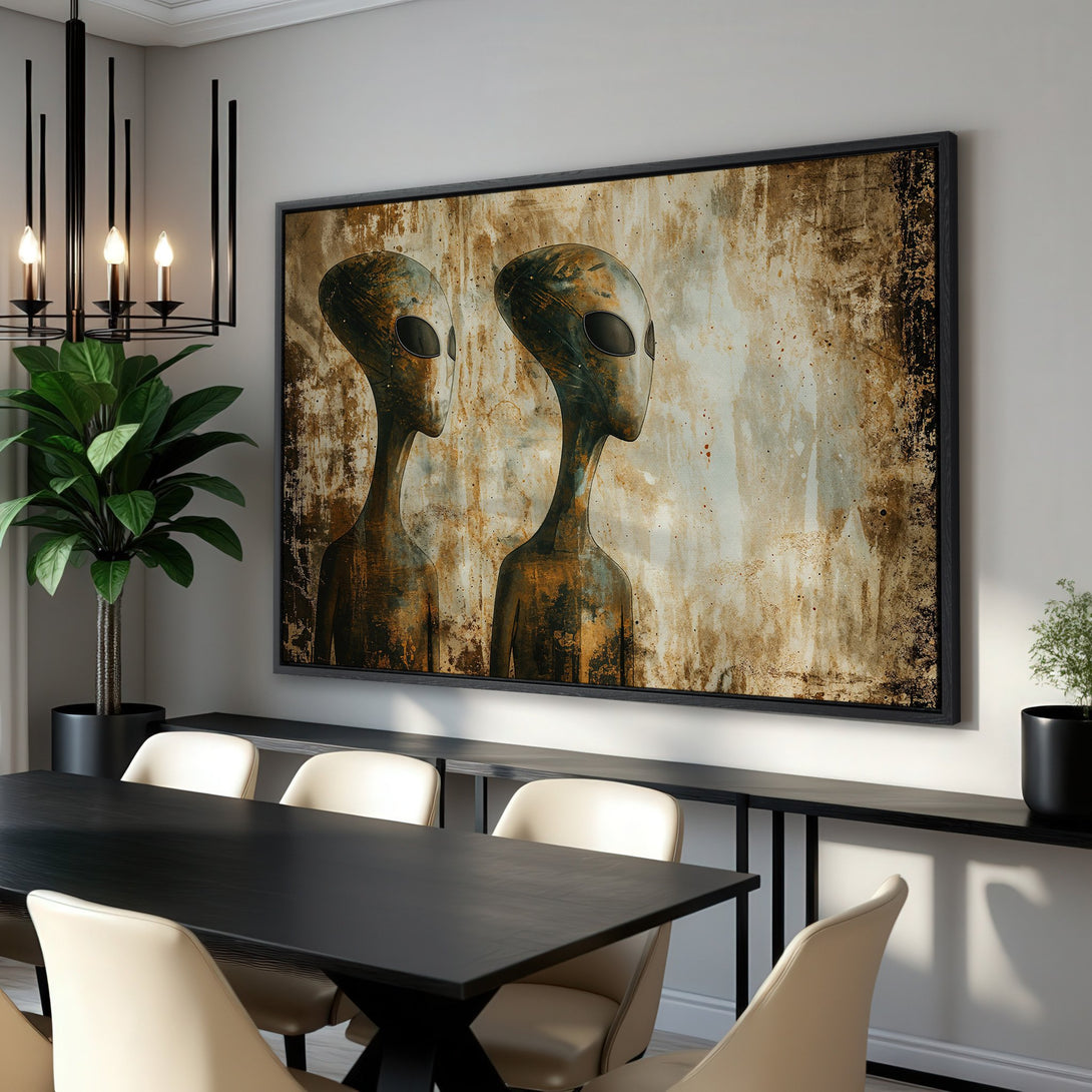 Framed Wall Art featuring two abstract alien figures in a rustic, earthy color palette. Perfect for adding a unique, modern touch to your dining room.