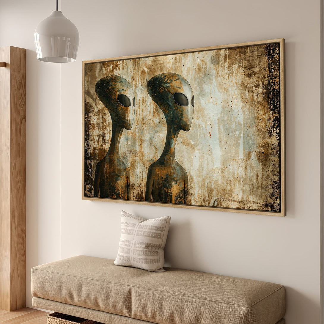 Framed Wall Art featuring two alien figures in an abstract style with a rustic, earthy color palette. Perfect for adding a unique touch to your home decor!