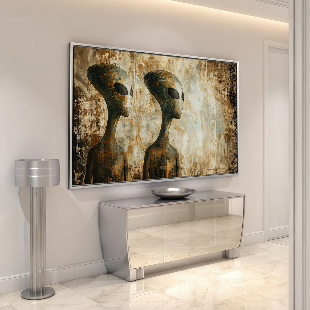 Framed Wall Art featuring two alien figures in an abstract, vintage style with a neutral, earthy color palette. Perfect for modern home decor.