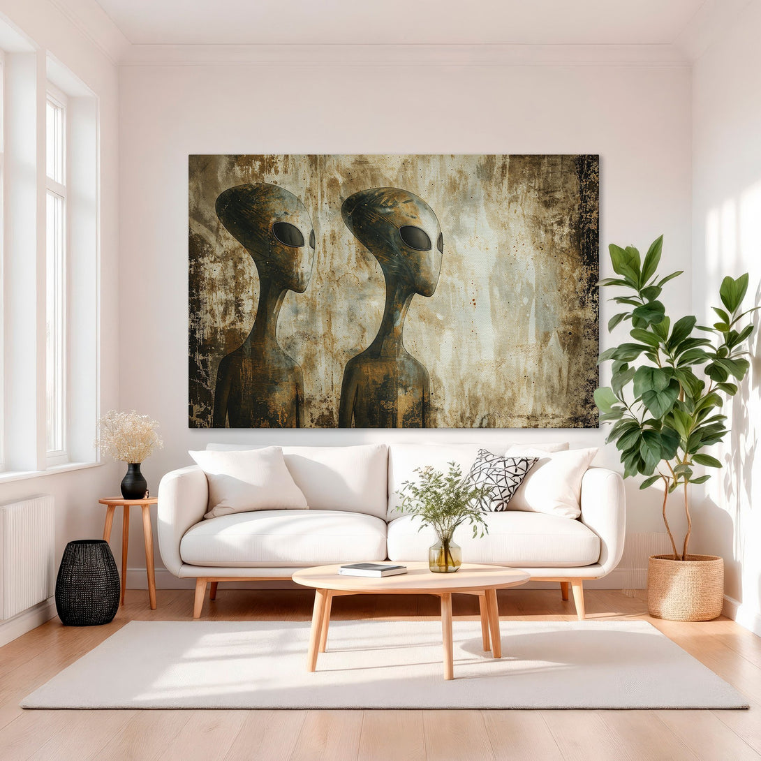 Framed Wall Art featuring alien figures in an abstract style, warm earthy tones. Perfect for modern home decor.