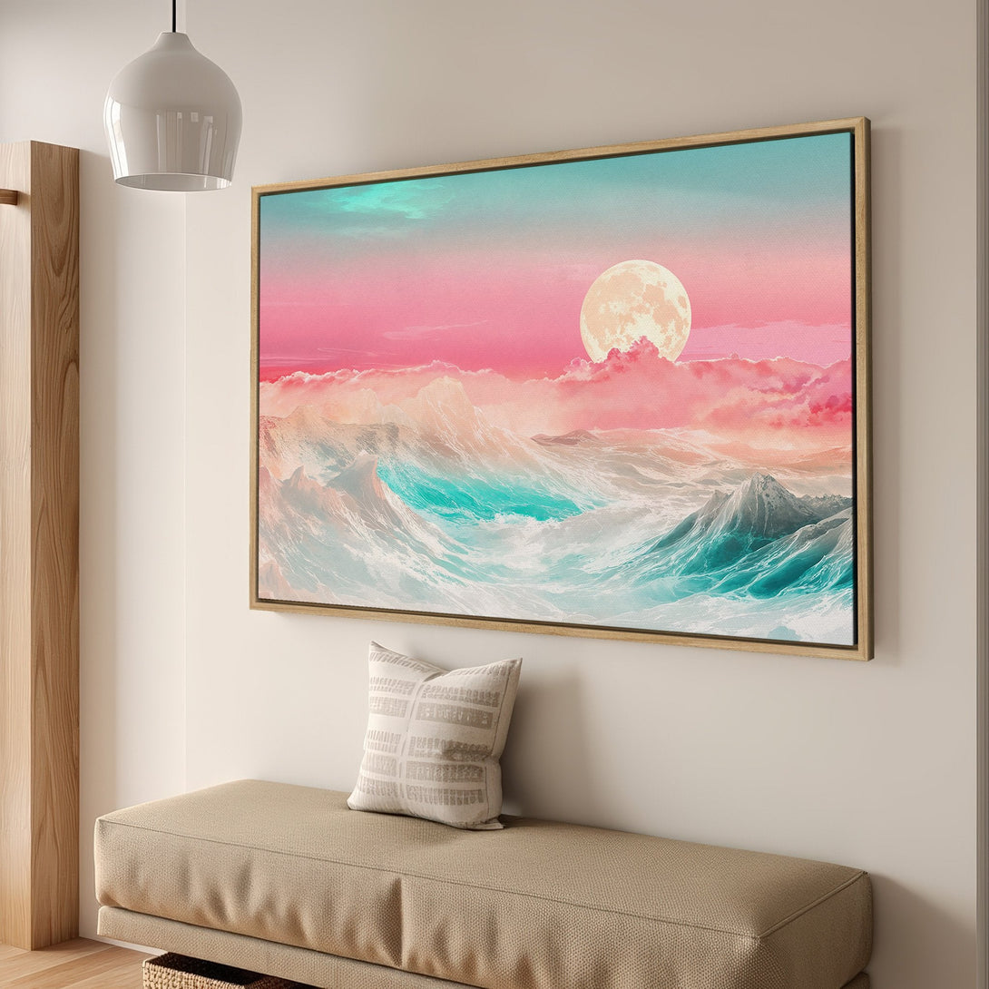 Framed Wall Art: Ocean waves under a full moon, vibrant pink & teal color palette. Modern art for coastal decor. Canvas Print.