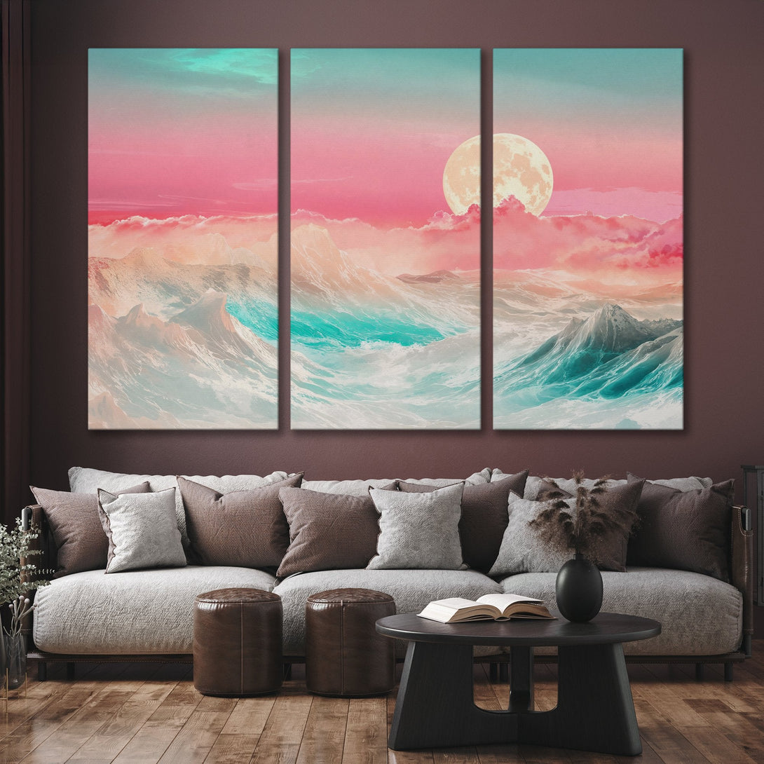Canvas Print of a dreamy seascape with a moon, featuring a pink and teal color palette. Modern wall art for a serene interior.