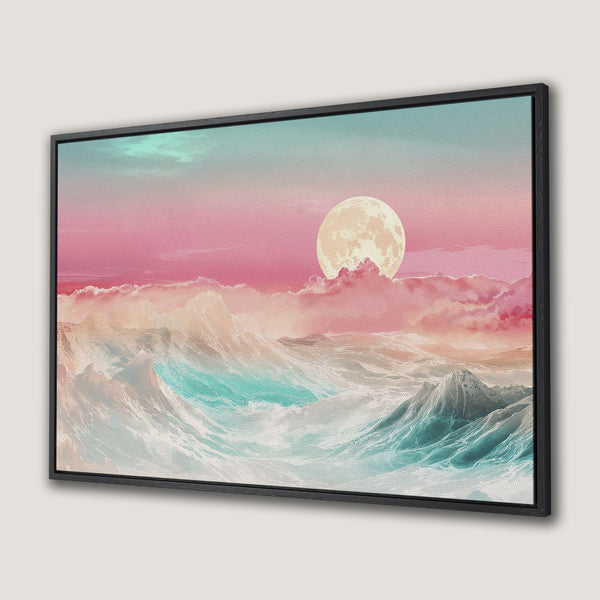 Canvas Print of a dreamy moonlit seascape with a pastel pink and teal color palette. Perfect wall art for a serene atmosphere.