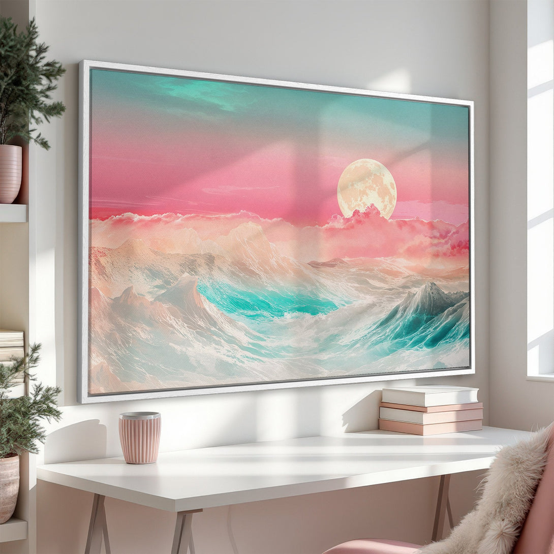 Framed Wall Art featuring a dreamy ocean scene with a full moon, in a pastel pink and teal color palette. Perfect for adding a touch of serenity to any space.