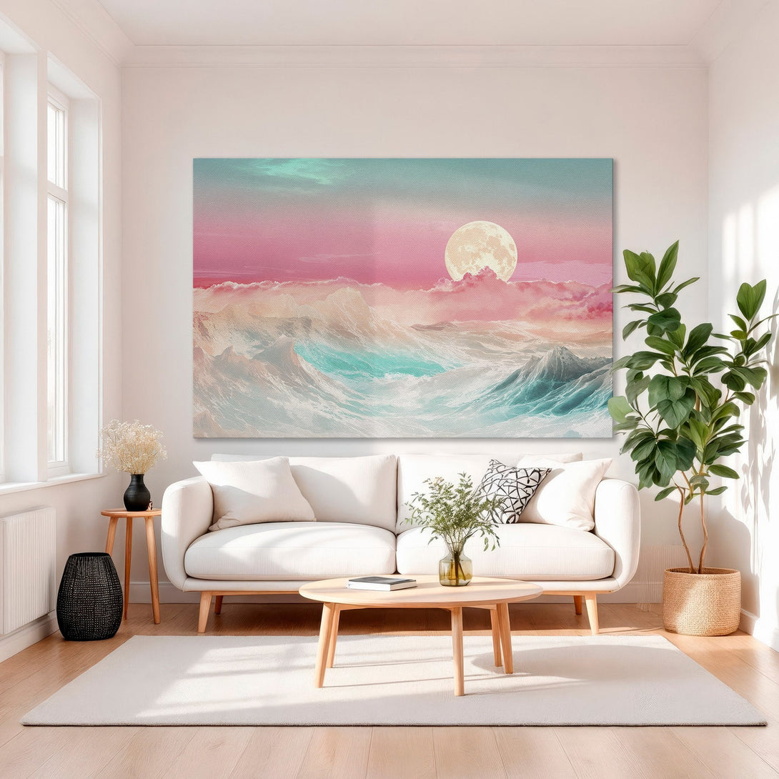 Framed Wall Art: Dreamy landscape Canvas Print with pink, teal, and gold hues. Adds a touch of serenity and style to any interior space. Shop now!