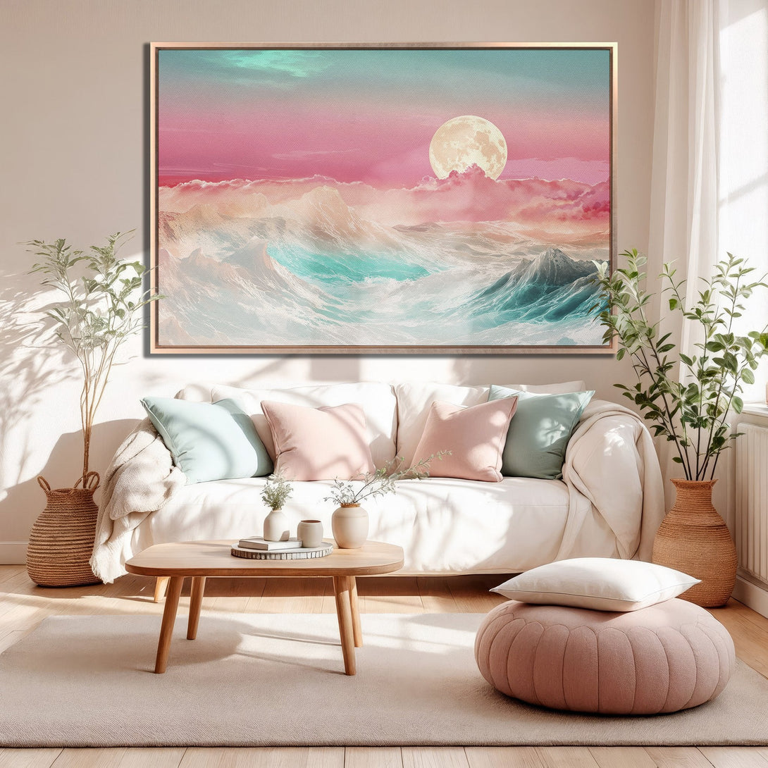 Framed Wall Art: Dreamy seascape Canvas Print in pastel pinks, blues, and turquoise. Coastal-inspired art for a serene living room. Add a touch of tranquility to your space!