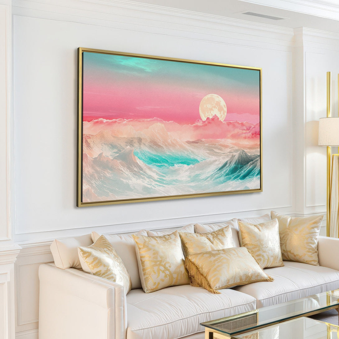 Canvas Print of a dreamy seascape with a full moon in a room with a pink, blue, and white color palette. Modern wall art.