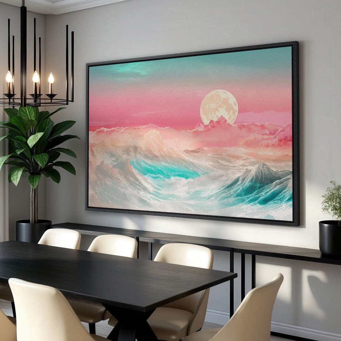 Framed Wall Art featuring a dreamy ocean scene with a pink and teal color palette. Perfect for adding a touch of serenity to your home decor.