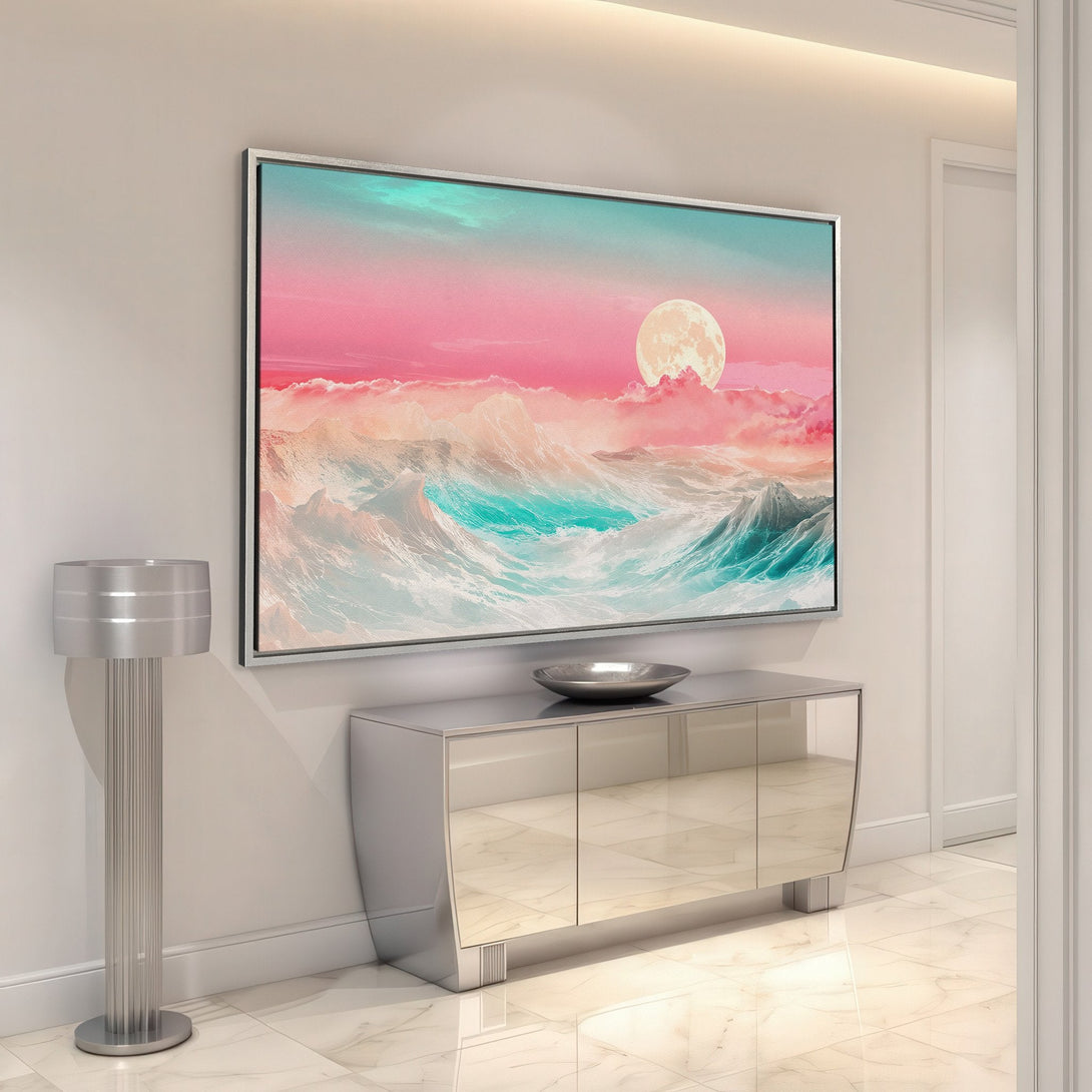 Framed Wall Art featuring a dreamy seascape with pink, teal, and white hues. Modern style Canvas Print adds a serene touch to any interior.