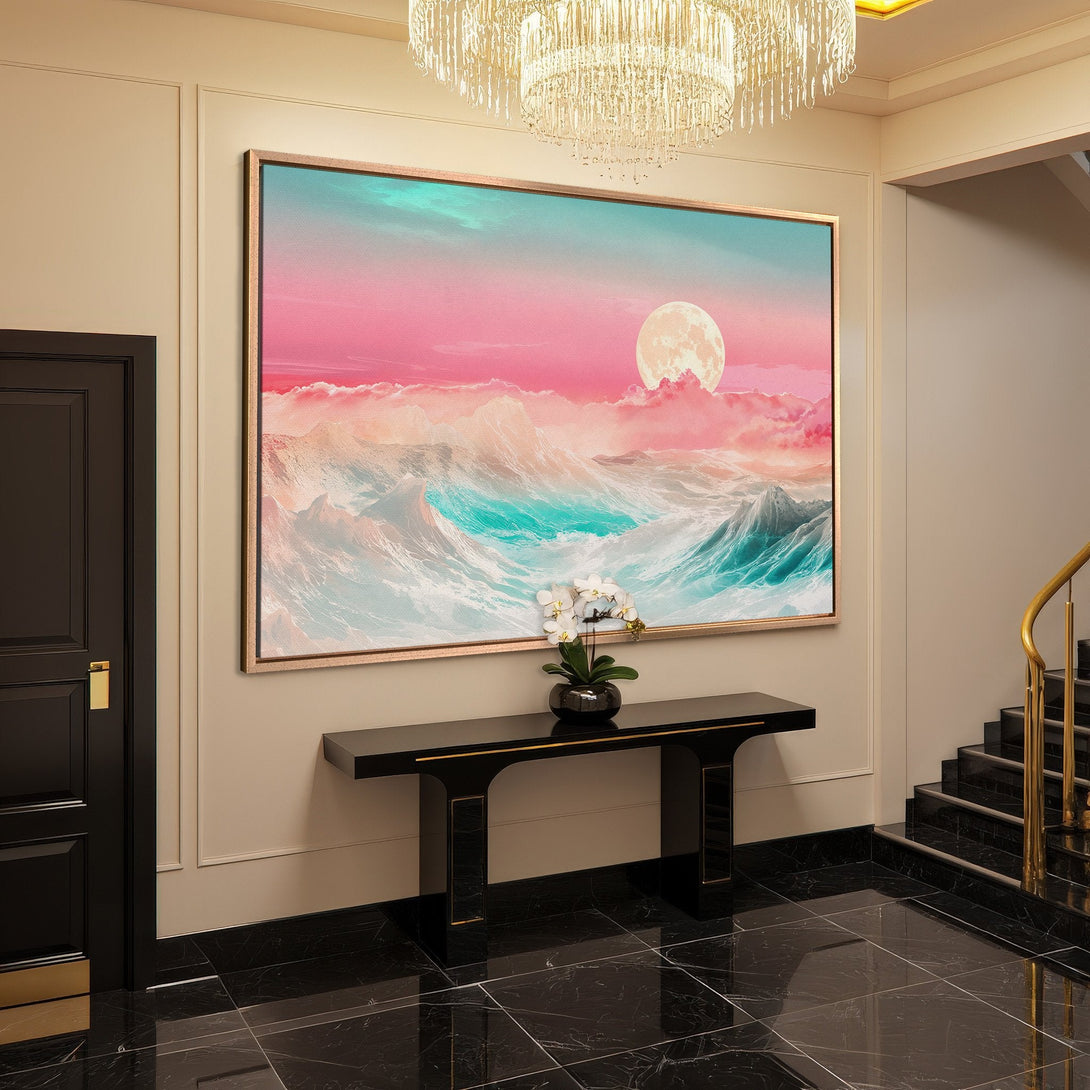 Framed Wall Art: Ocean landscape Canvas Print in pastel pink, teal, and white. Modern art for home decor, adds a touch of serenity.