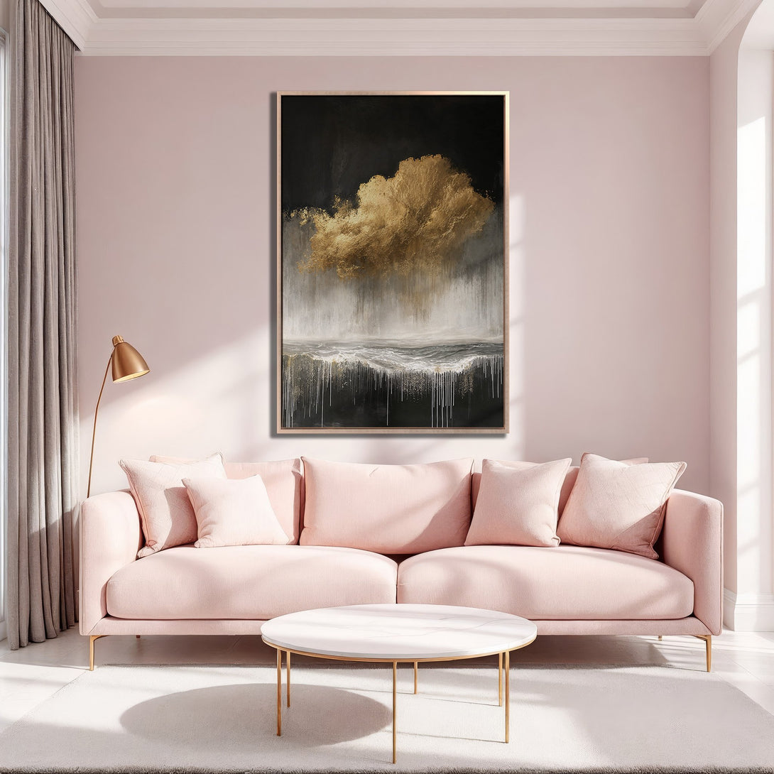 Framed Wall Art featuring a gold abstract cloudscape. Modern art in a blush pink and gold color palette, perfect for adding elegance to any space.