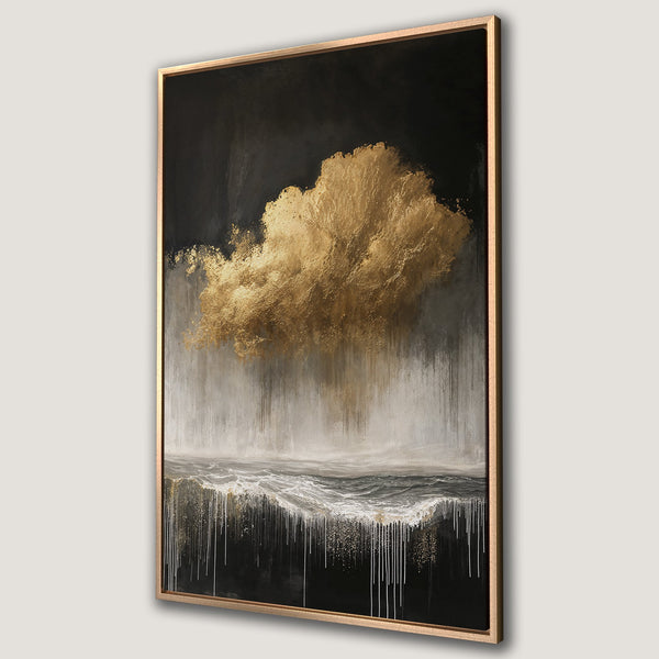 Framed Wall Art: Abstract gold cloud over ocean. Dramatic, modern art in black, white, and gold. Elevate your space with this stunning canvas print.