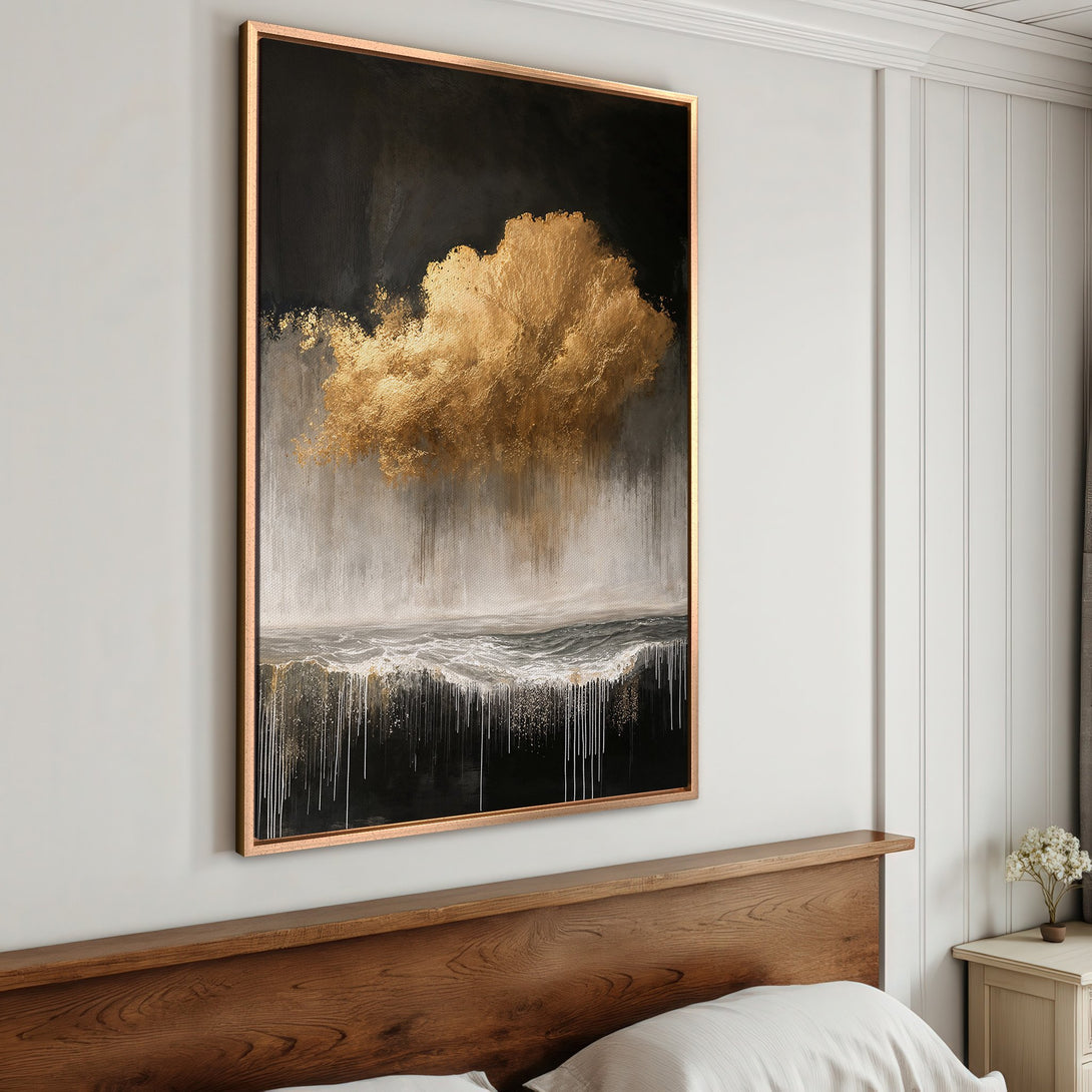 Framed Wall Art: Abstract gold cloud painting with black and white accents. Modern art canvas print adds a touch of luxury to any bedroom.