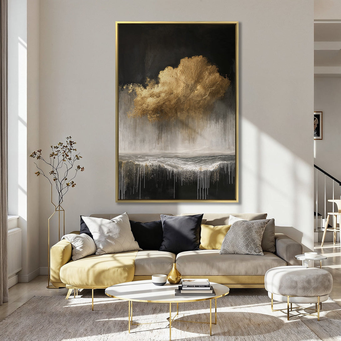 Abstract Canvas Print with gold cloud and waterfall design, displayed in a kitchen with a soft pink wall. Modern art with a neutral color palette.