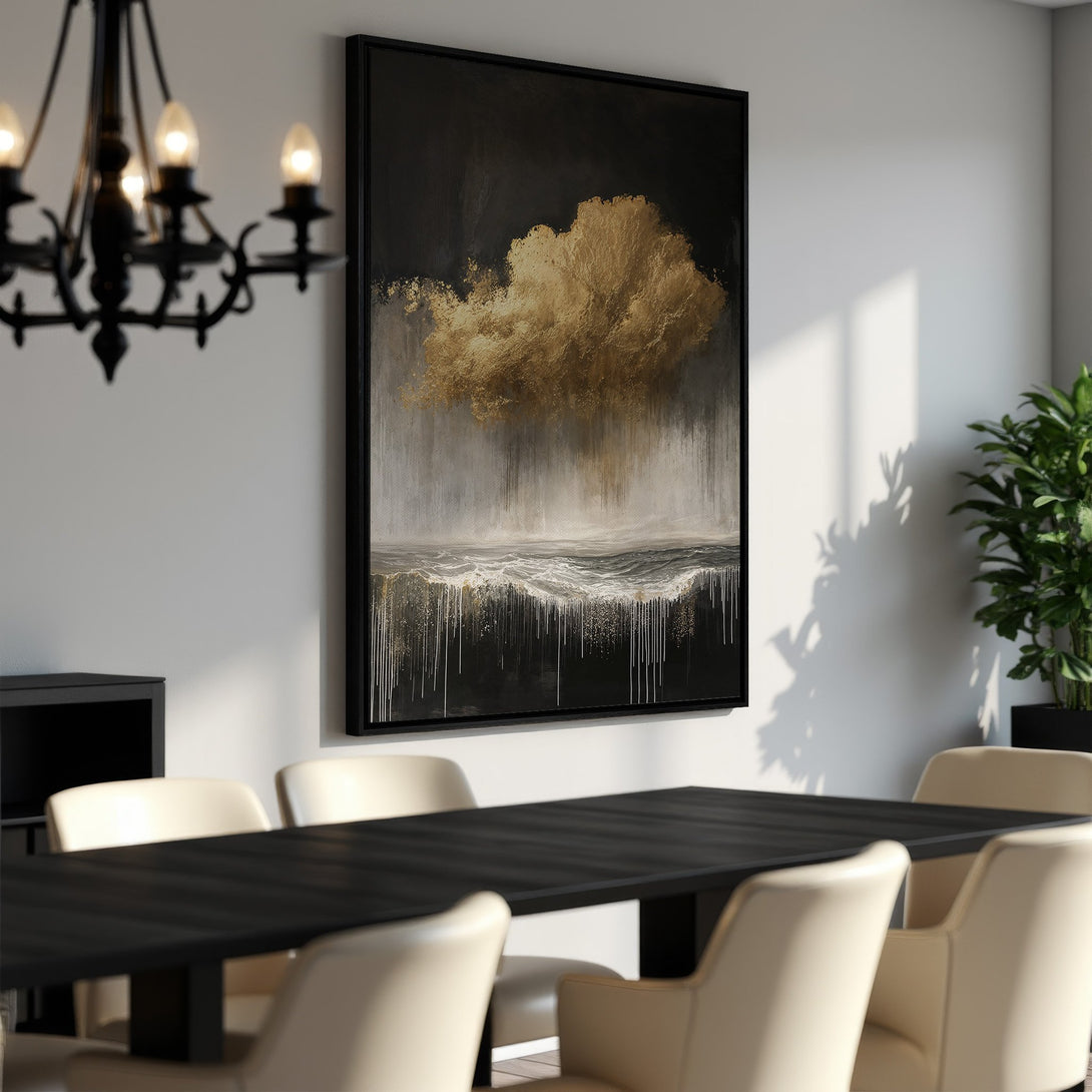 Framed Wall Art: Abstract gold cloud painting in a modern dining room. Featuring a dark, moody color palette, this canvas print adds elegance to any space.