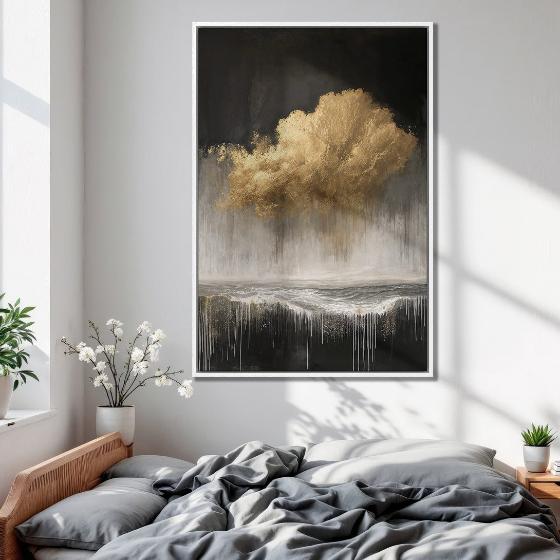 Framed Wall Art: Abstract gold cloud over ocean design, modern style, neutral color palette. Perfect bedroom decor, add a touch of luxury to your space.