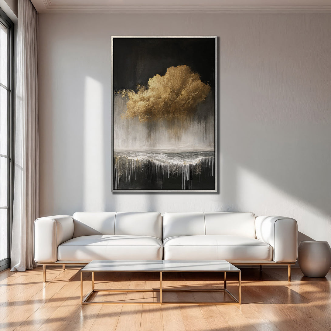 Framed Wall Art: Abstract cloud painting in gold and black, displayed in a modern living room. Enhance your space with this stunning artwork.