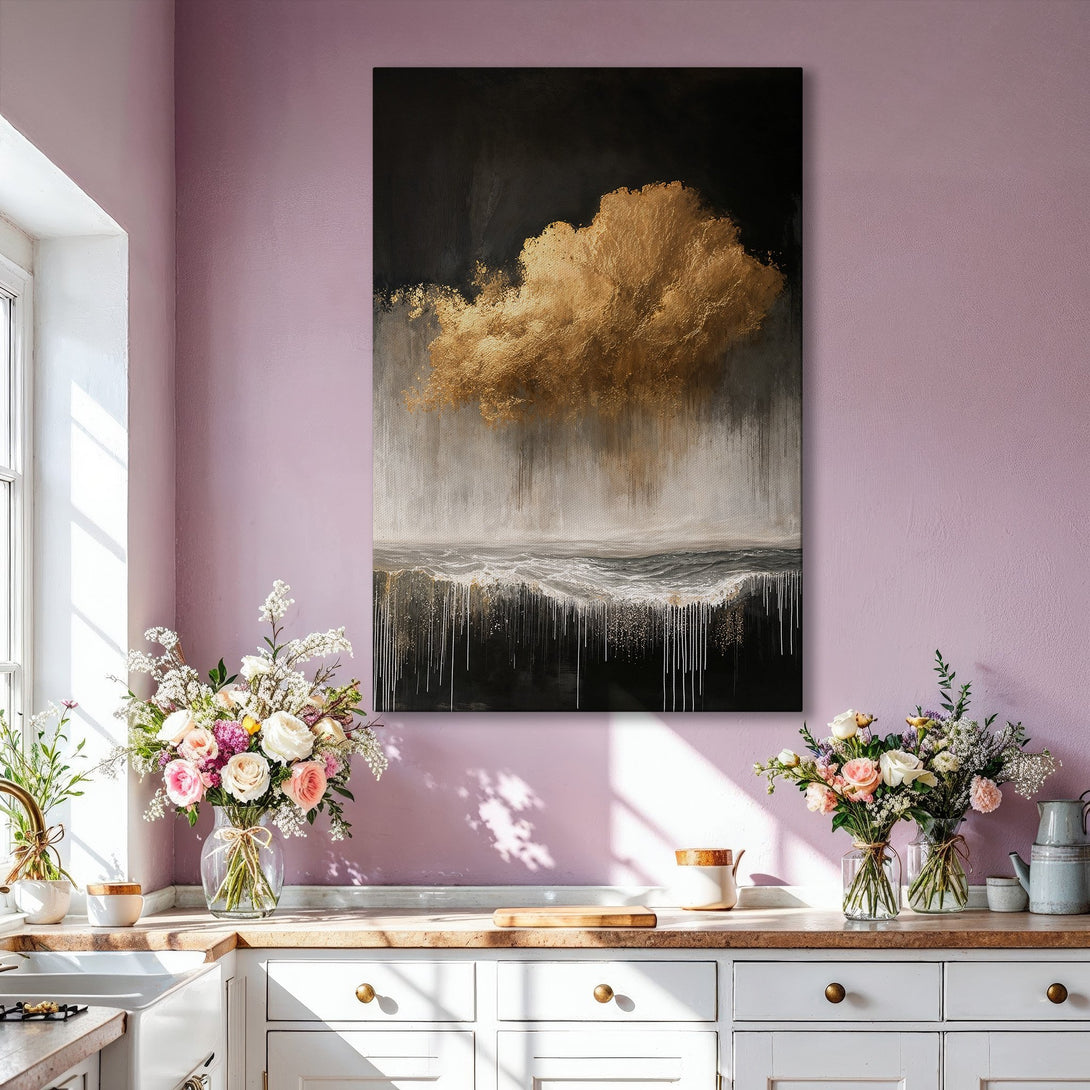 Framed Wall Art: Abstract gold cloud painting in a modern living room. Features a black, gold, and white color palette, adding elegance to any space.