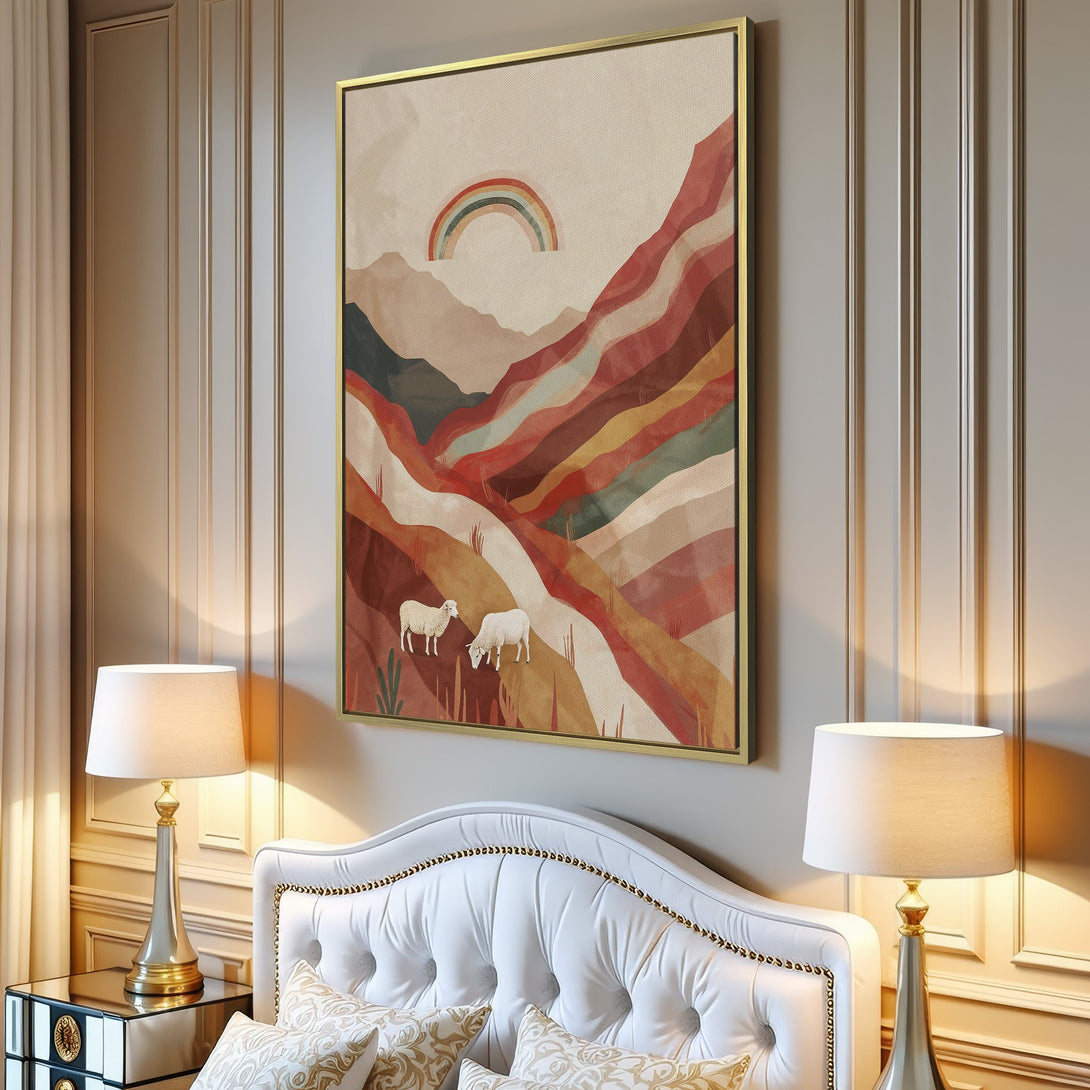 Canvas Print of a whimsical landscape with sheep and rainbow, featuring warm earthy tones. Perfect wall art for your home!