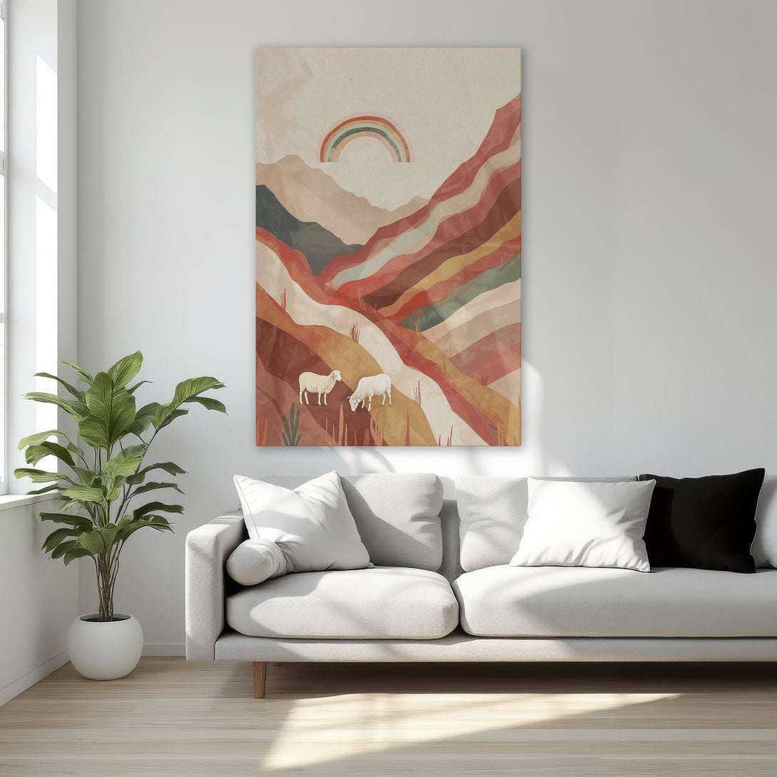 Framed Wall Art: Abstract landscape with sheep, rainbow, and warm earth tones. Perfect for bedroom decor. Shop canvas prints for stylish home accents.