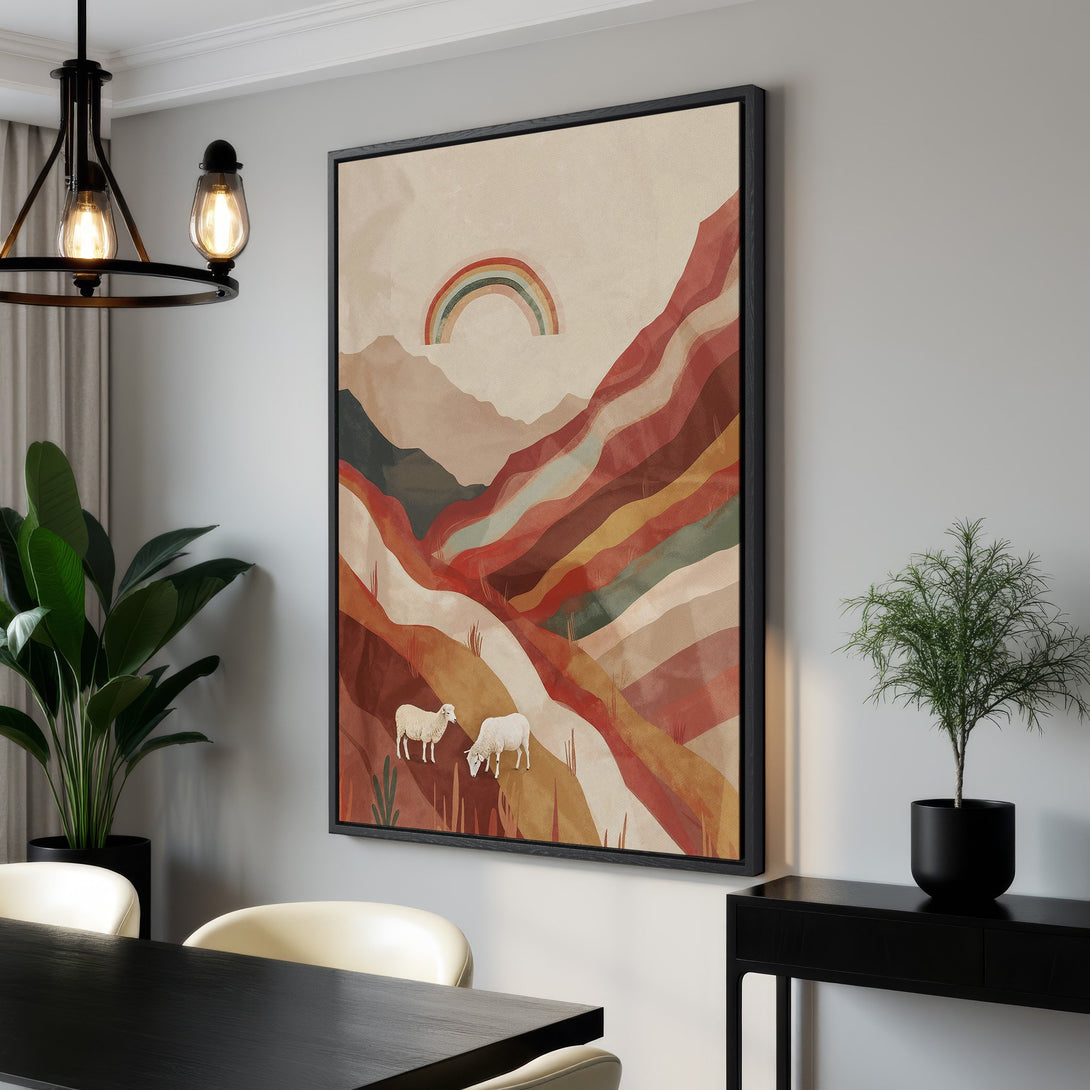 Framed Wall Art: Abstract landscape Canvas Print with sheep, rainbow, and warm earthy tones. Perfect for adding a touch of bohemian style to your home decor.