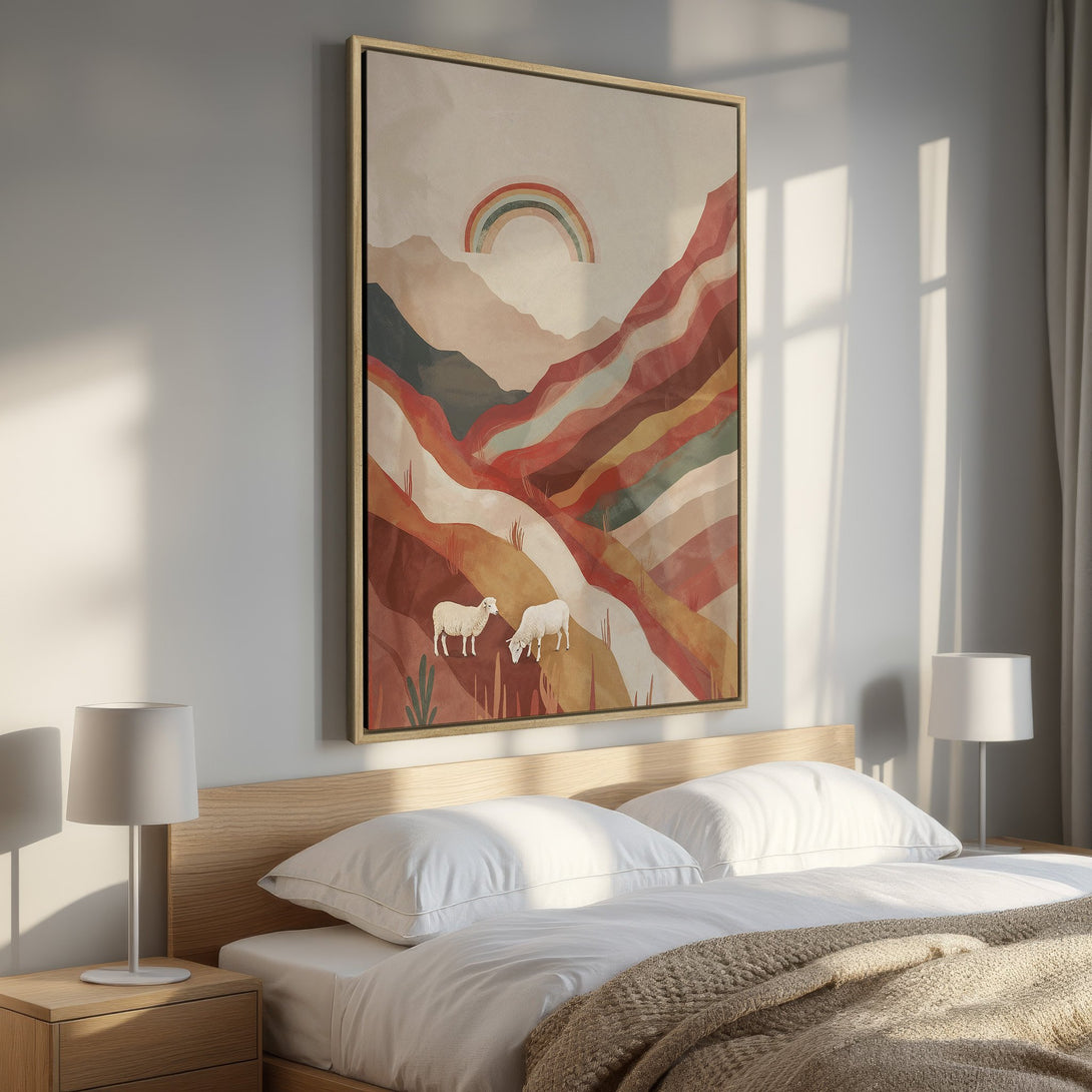 Framed Wall Art: Abstract landscape Canvas Print with a rainbow and sheep, featuring warm earthy tones. Perfect for bedroom decor!