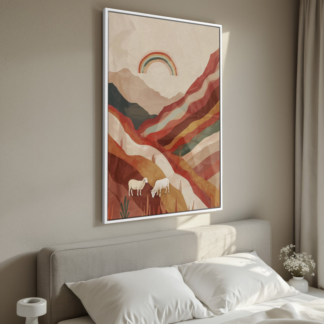 Framed Wall Art: Abstract landscape Canvas Print with sheep, rainbow, and warm earth-tone colors. Perfect for bedroom decor!
