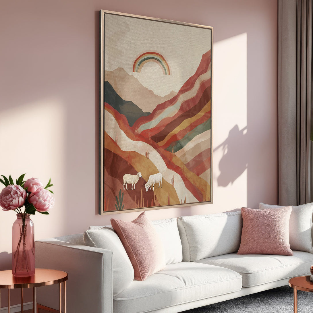 Framed Wall Art featuring a whimsical landscape with a rainbow and sheep. Earthy tones of red, orange, and brown create a warm, inviting aesthetic for any living space.