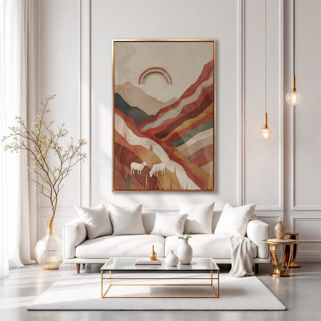 Framed Wall Art: Abstract landscape Canvas Print with sheep, rainbow, and warm earth tones. Perfect for adding a touch of boho style to your living room.