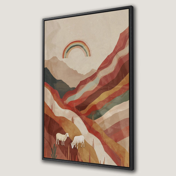 Framed Wall Art: Abstract landscape with sheep, rainbow, and warm earth-tone color palette. Modern art for your home decor.