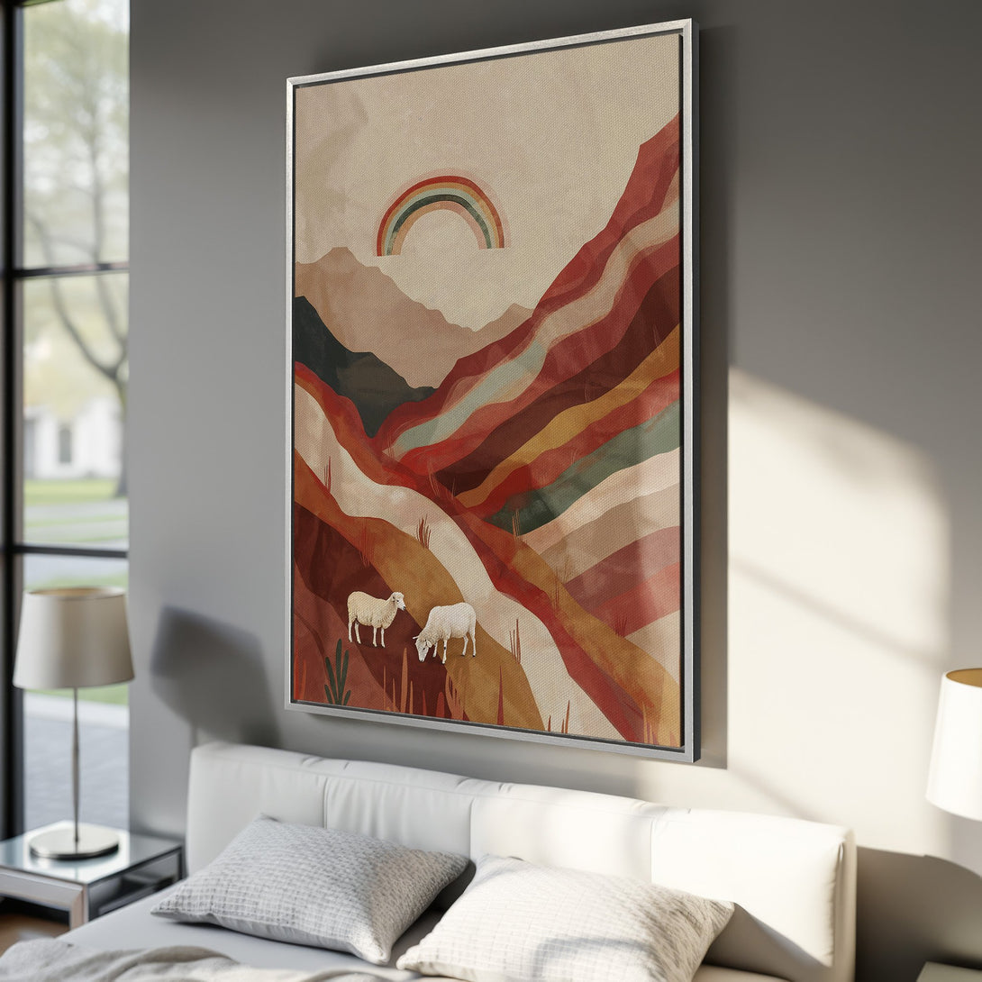 Framed Wall Art featuring a whimsical landscape with sheep and a rainbow, in warm earthy tones. Perfect for modern decor.