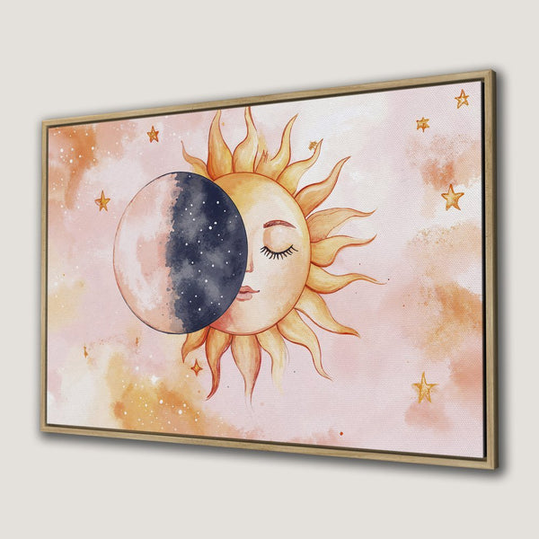 Canvas Print featuring a watercolor sun and moon design in a dreamy, celestial style with a soft pink and gold color palette.