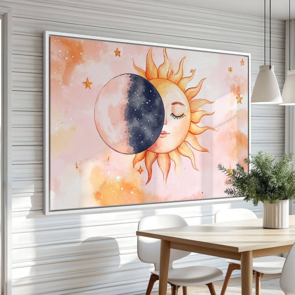 Framed Wall Art: Watercolor sun and moon celestial print in soft pink and orange hues. Perfect for bohemian decor.