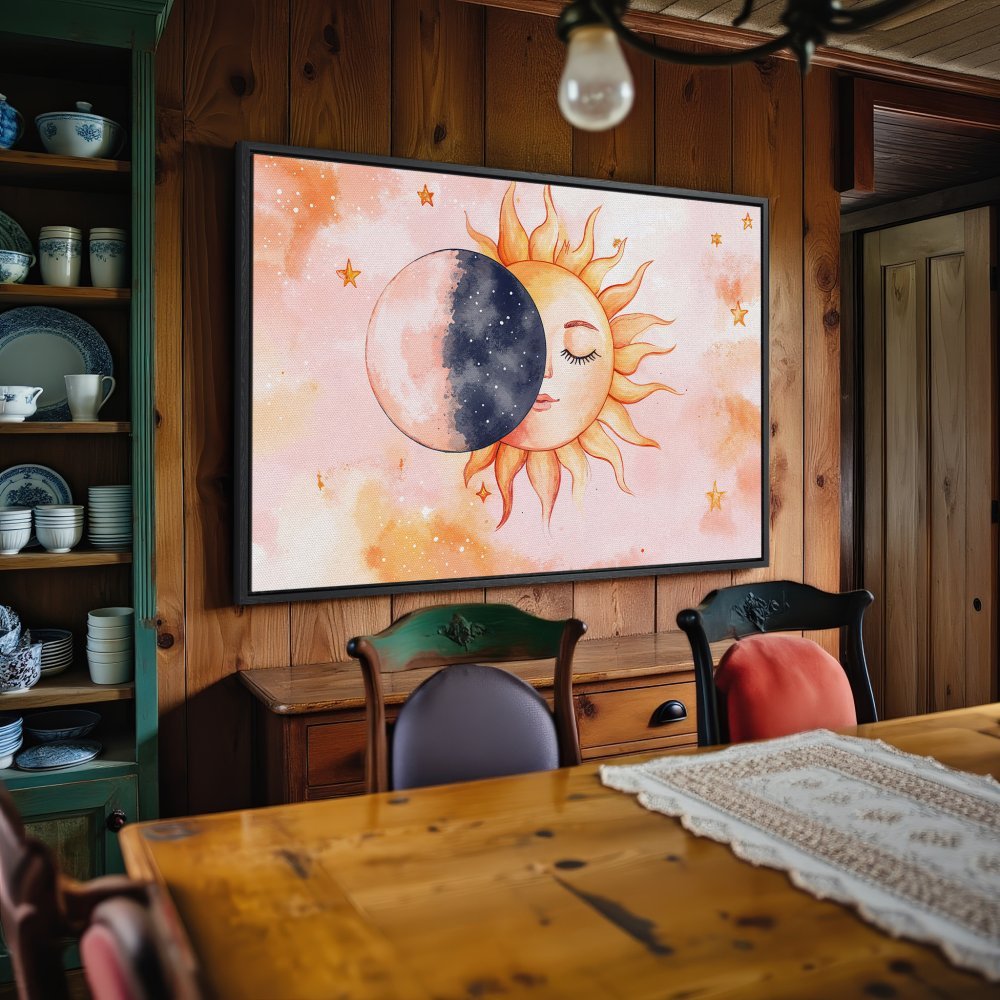 Canvas Print featuring a whimsical sun and moon watercolor design in warm, inviting orange and pink tones. Perfect for adding bohemian style to your home!