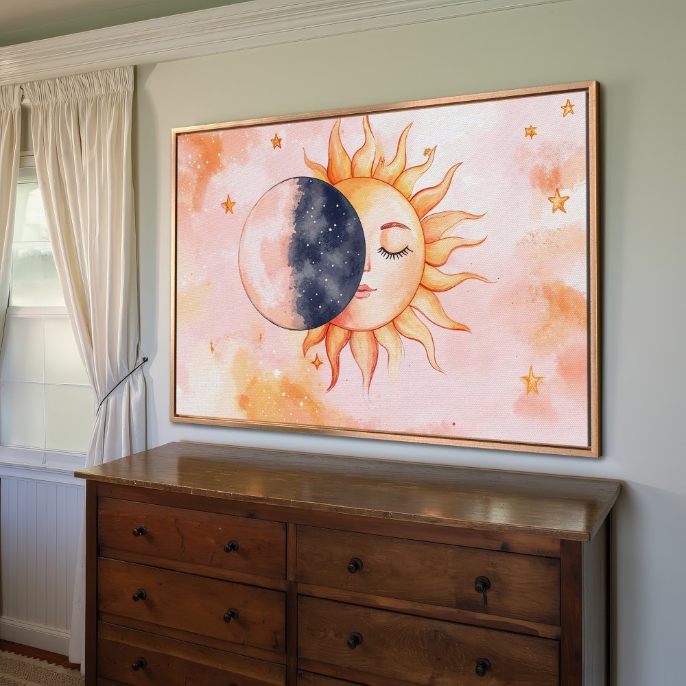 Framed Wall Art: Celestial sun and moon watercolor print in warm peach and gold tones. Boho style art for bedroom decor.