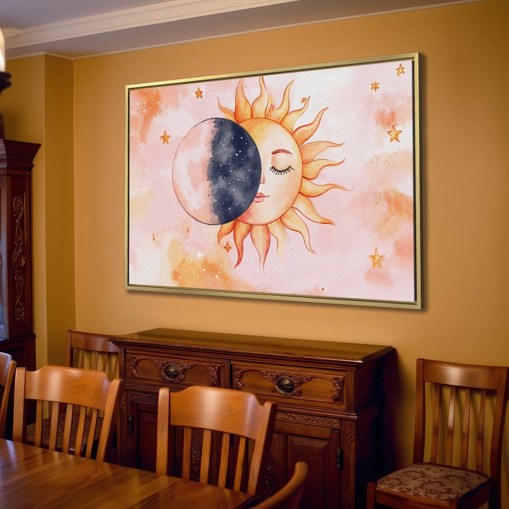 Canvas Print: Watercolor sun and moon art in a boho style with a soft pink and gold color palette, perfect for living room decor.
