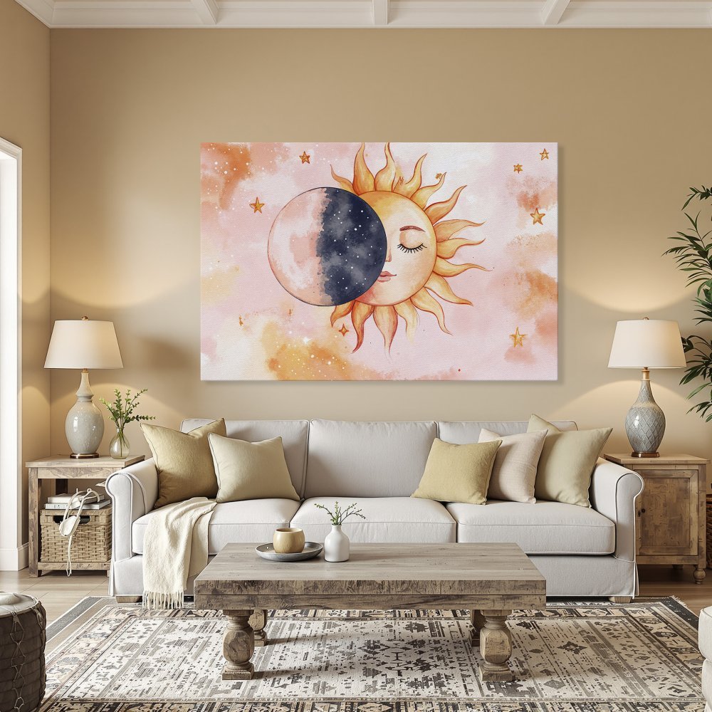 Framed Wall Art: Watercolor sun and moon art print in warm peach and orange tones. Perfect for boho decor and adding celestial style to your home.