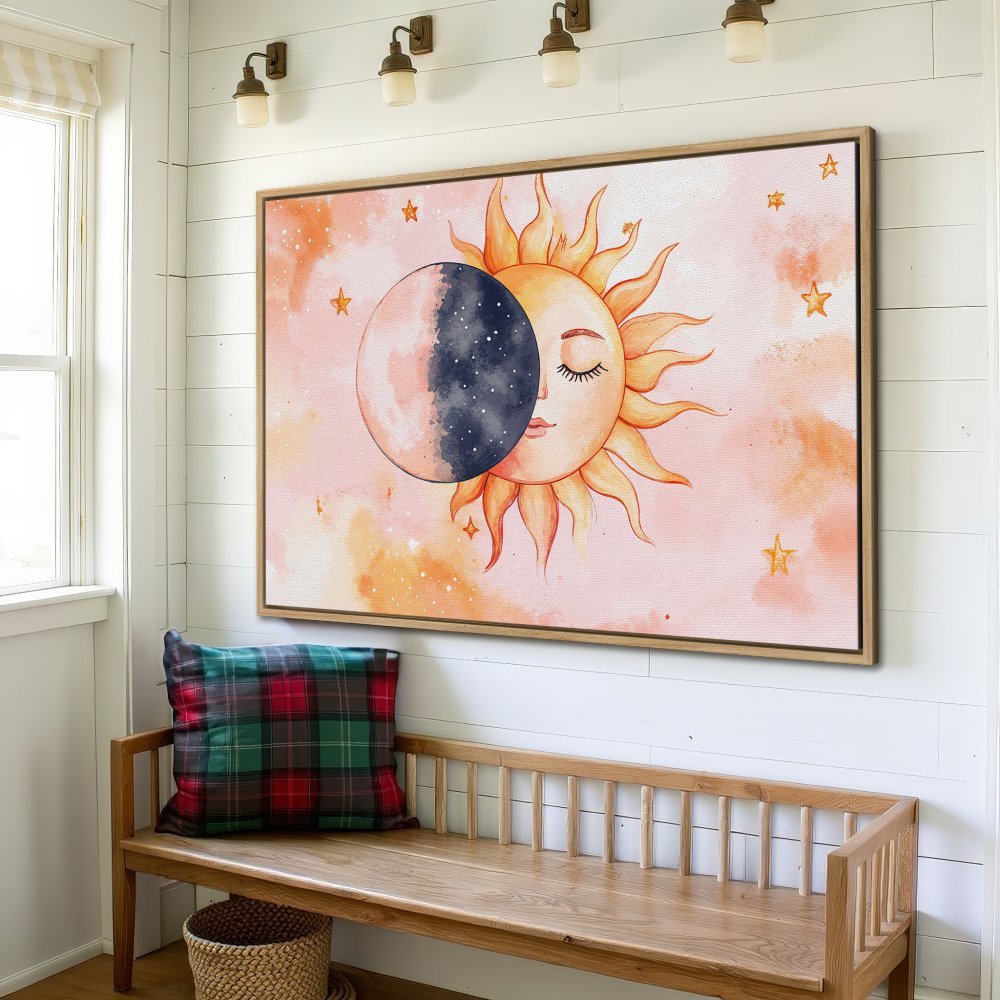 Canvas Print featuring a whimsical sun and moon design in watercolor style with a warm pink and orange color palette. Perfect wall art!